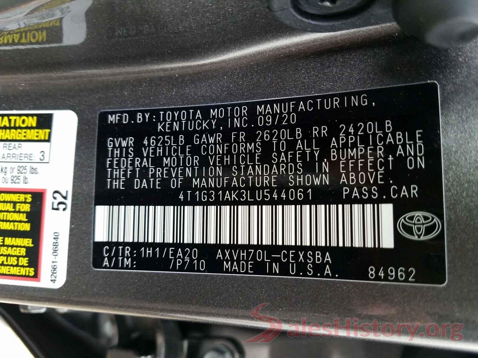 4T1G31AK3LU544061 2020 TOYOTA CAMRY