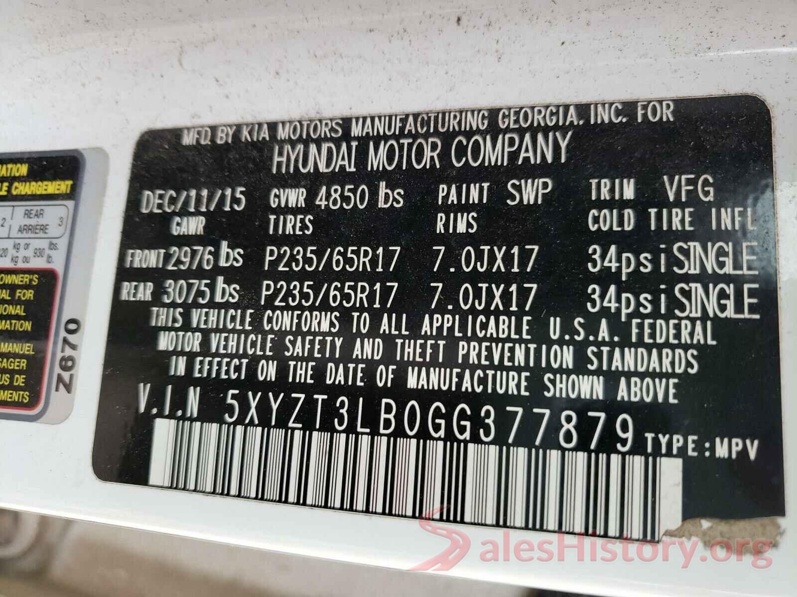 5XYZT3LB0GG377879 2016 HYUNDAI SANTA FE