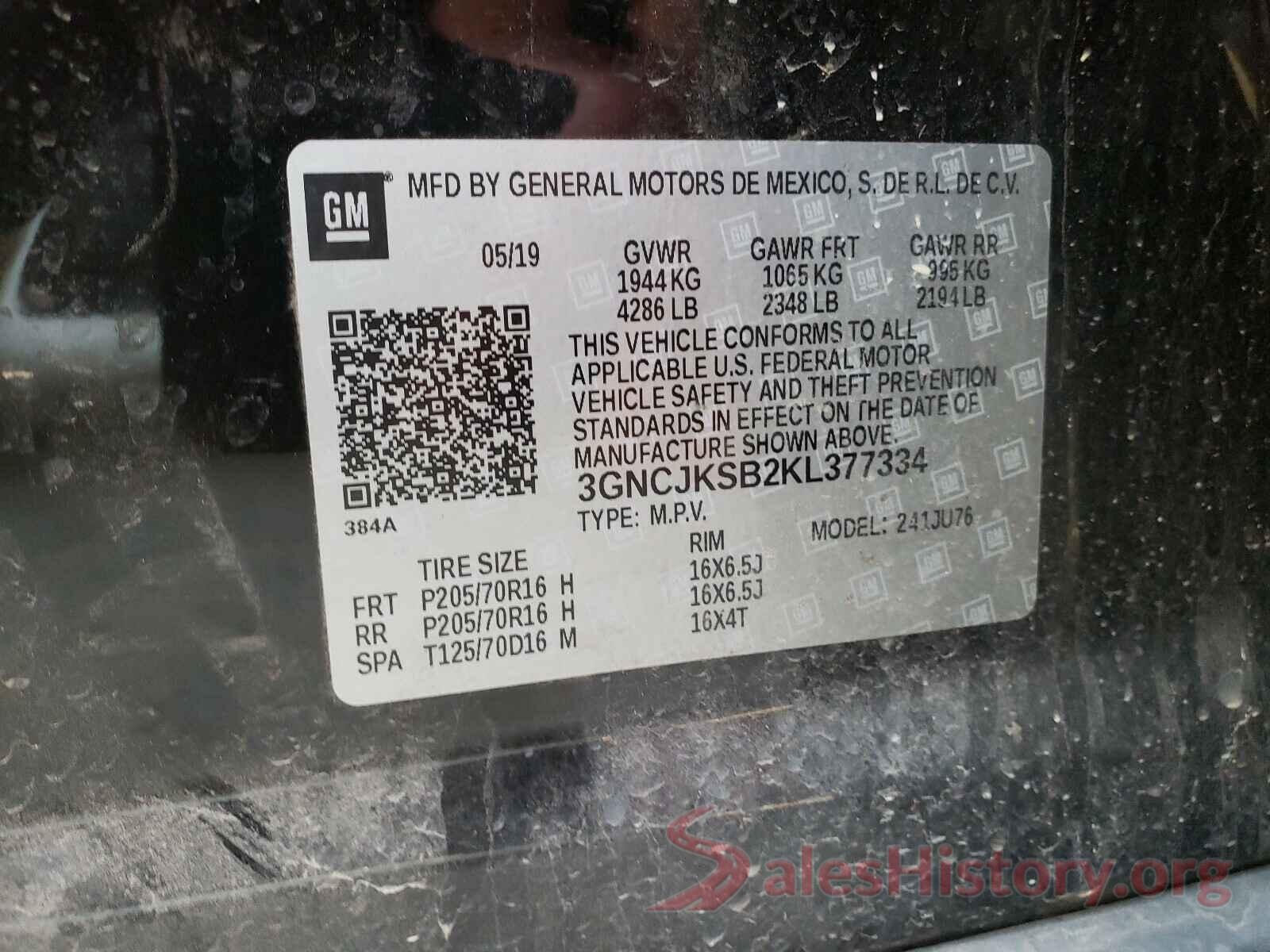 3GNCJKSB2KL377334 2019 CHEVROLET TRAX