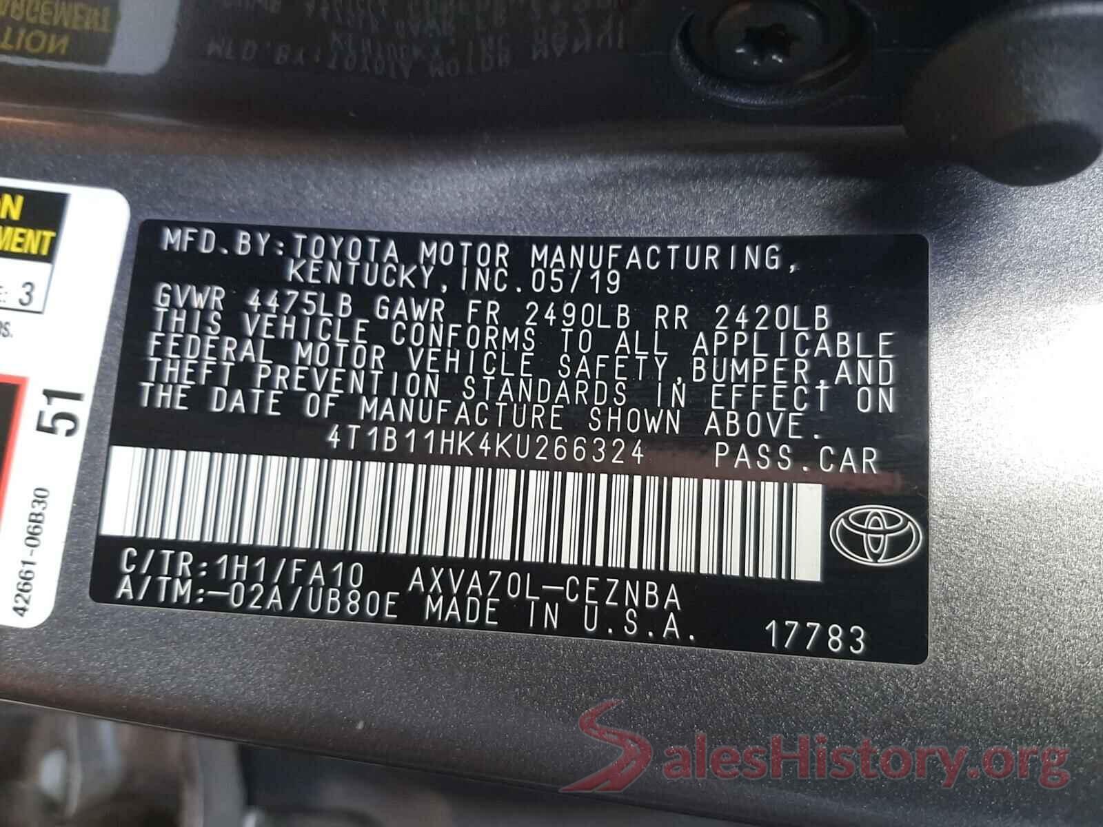 4T1B11HK4KU266324 2019 TOYOTA CAMRY