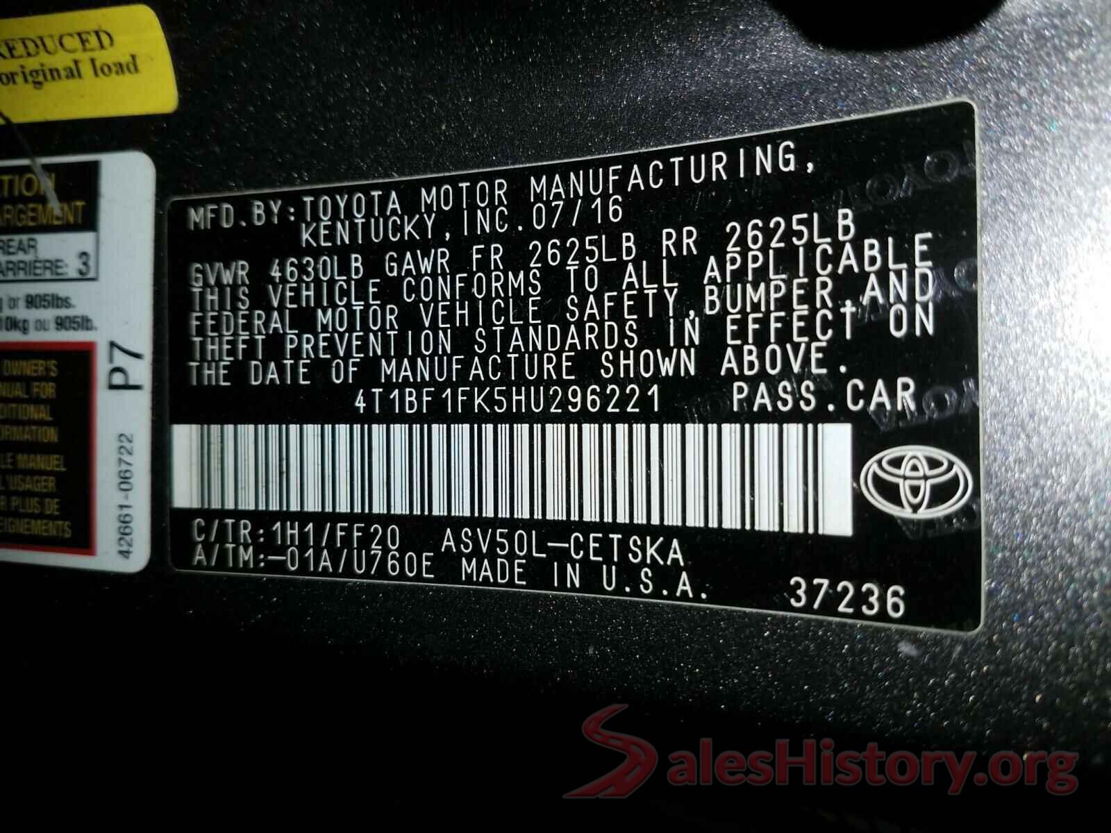 4T1BF1FK5HU296221 2017 TOYOTA CAMRY