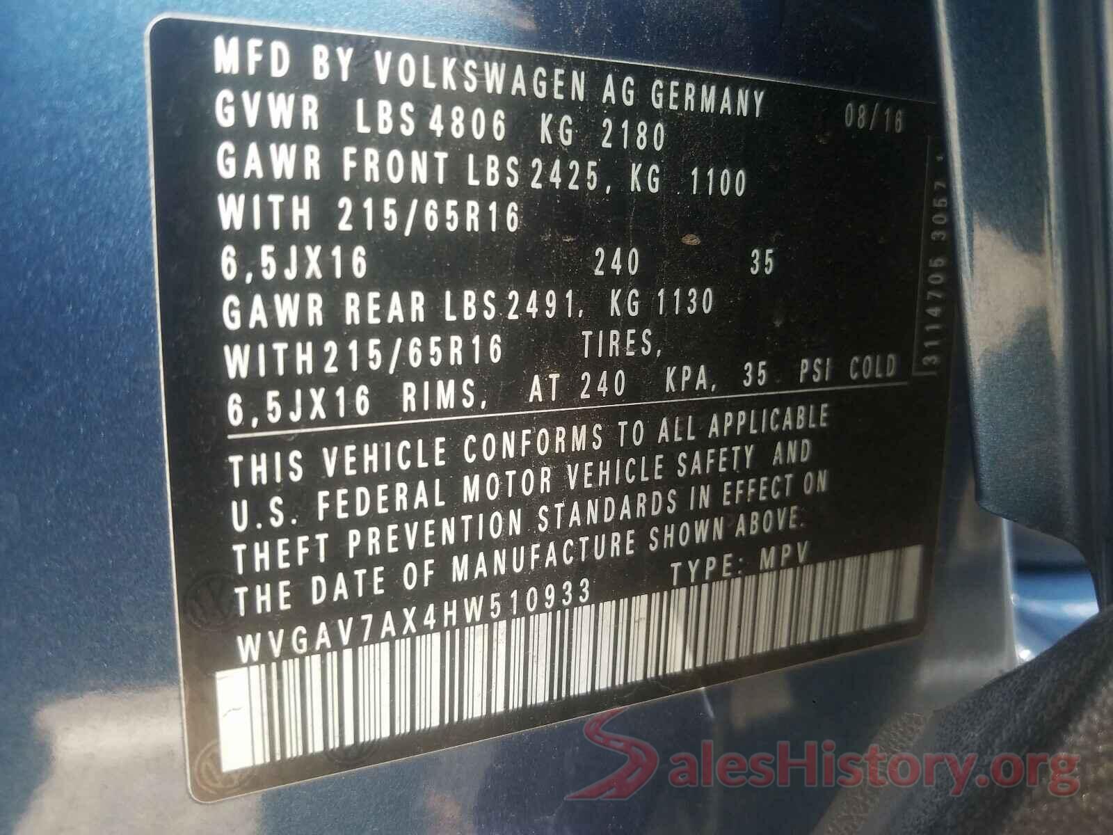 WVGAV7AX4HW510933 2017 VOLKSWAGEN TIGUAN