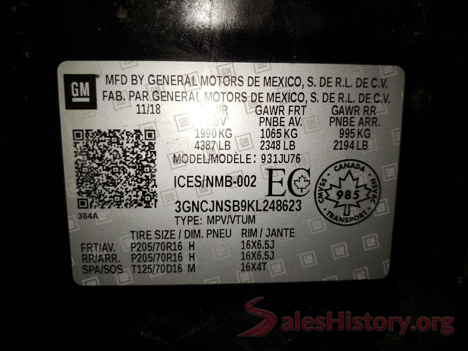 3GNCJNSB9KL248623 2019 CHEVROLET TRAX