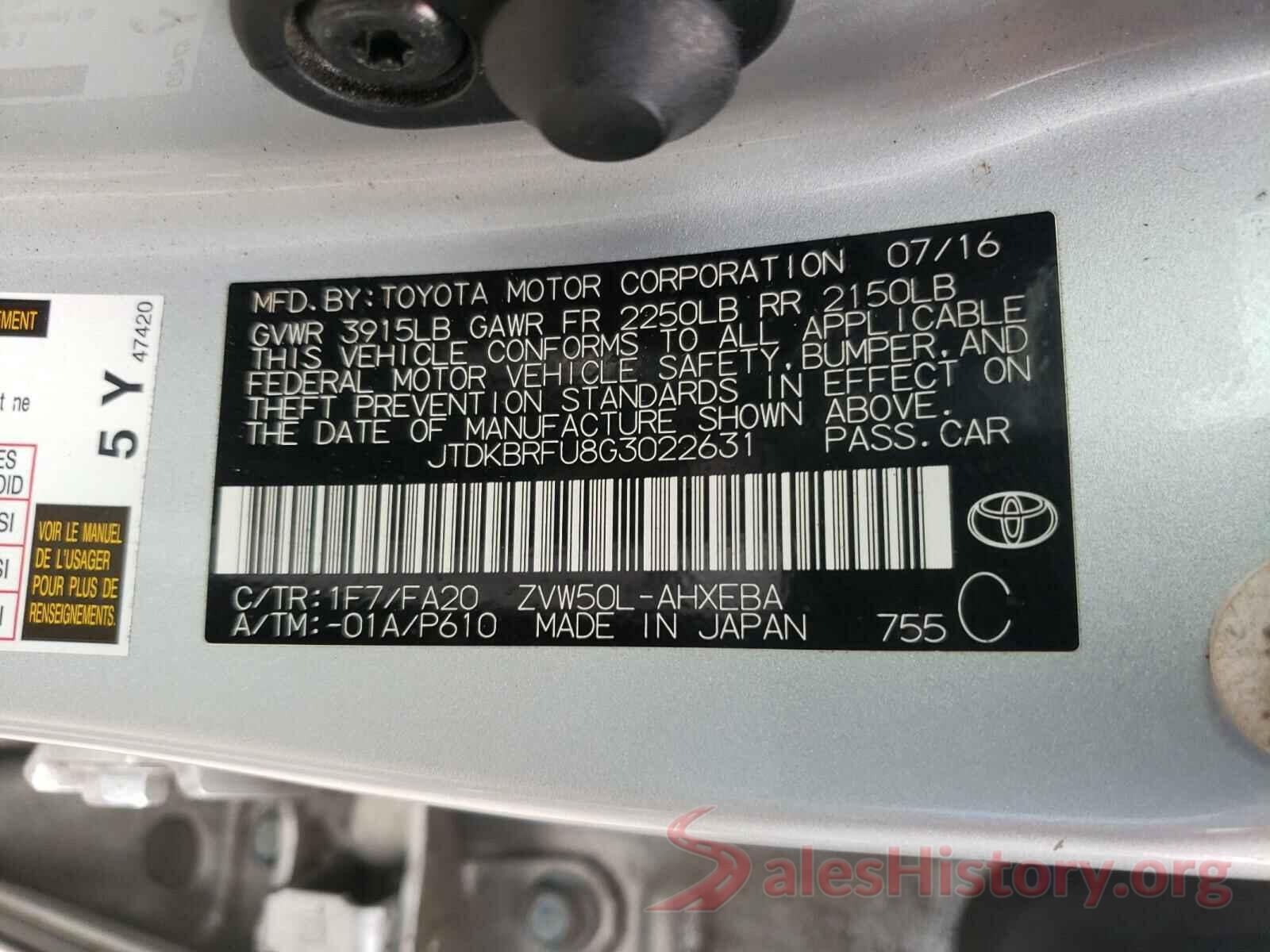 JTDKBRFU8G3022631 2016 TOYOTA PRIUS