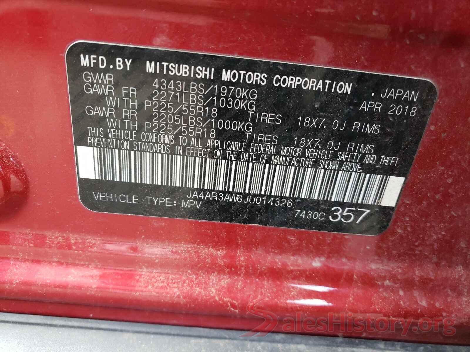 JA4AR3AW6JU014326 2018 MITSUBISHI OUTLANDER