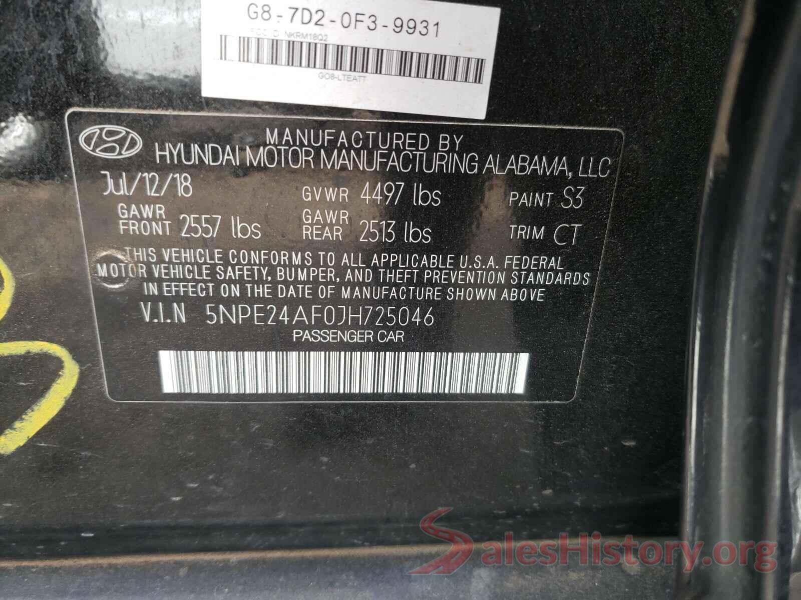 5NPE24AF0JH725046 2018 HYUNDAI SONATA