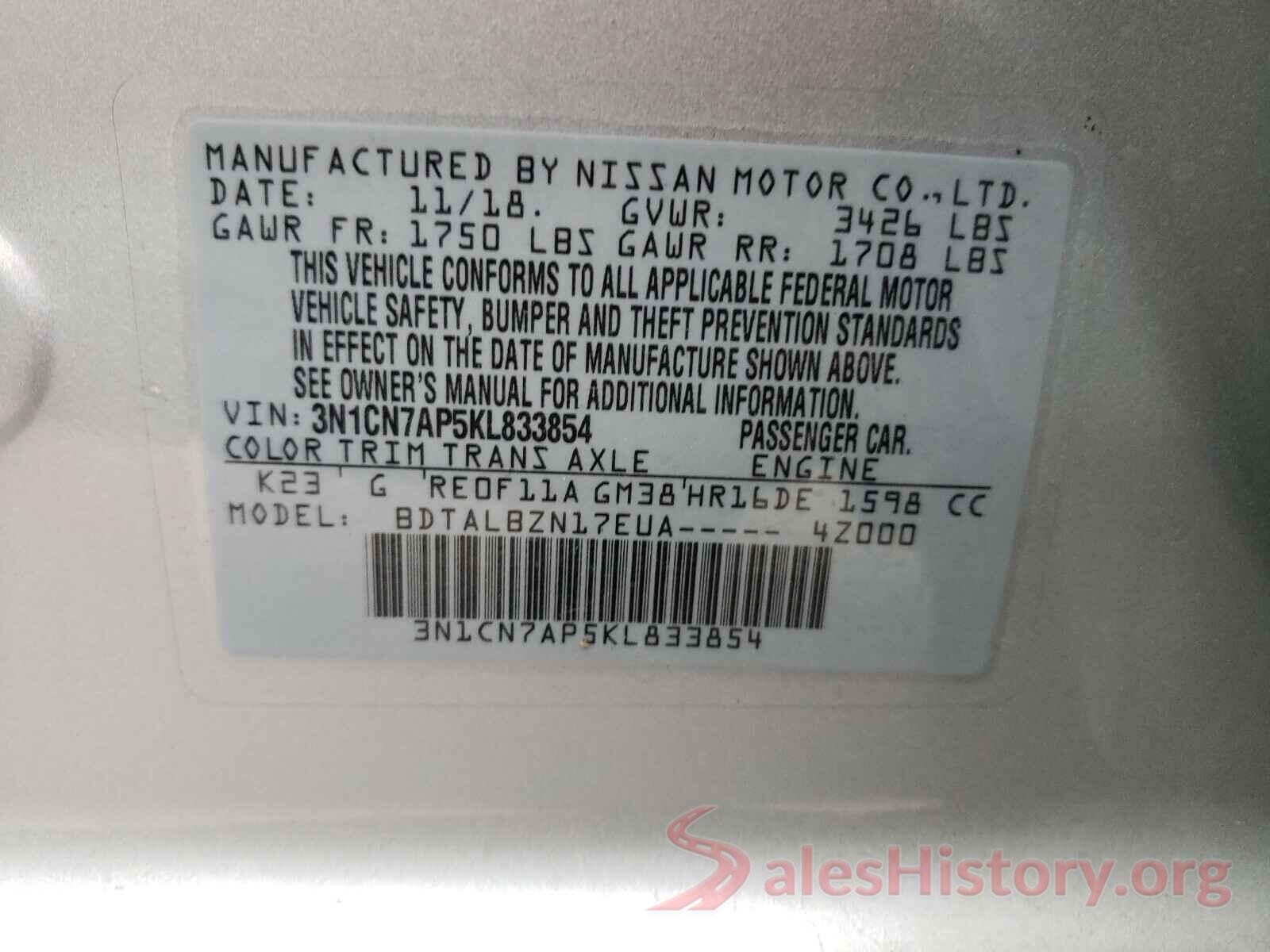 3N1CN7AP5KL833854 2019 NISSAN VERSA