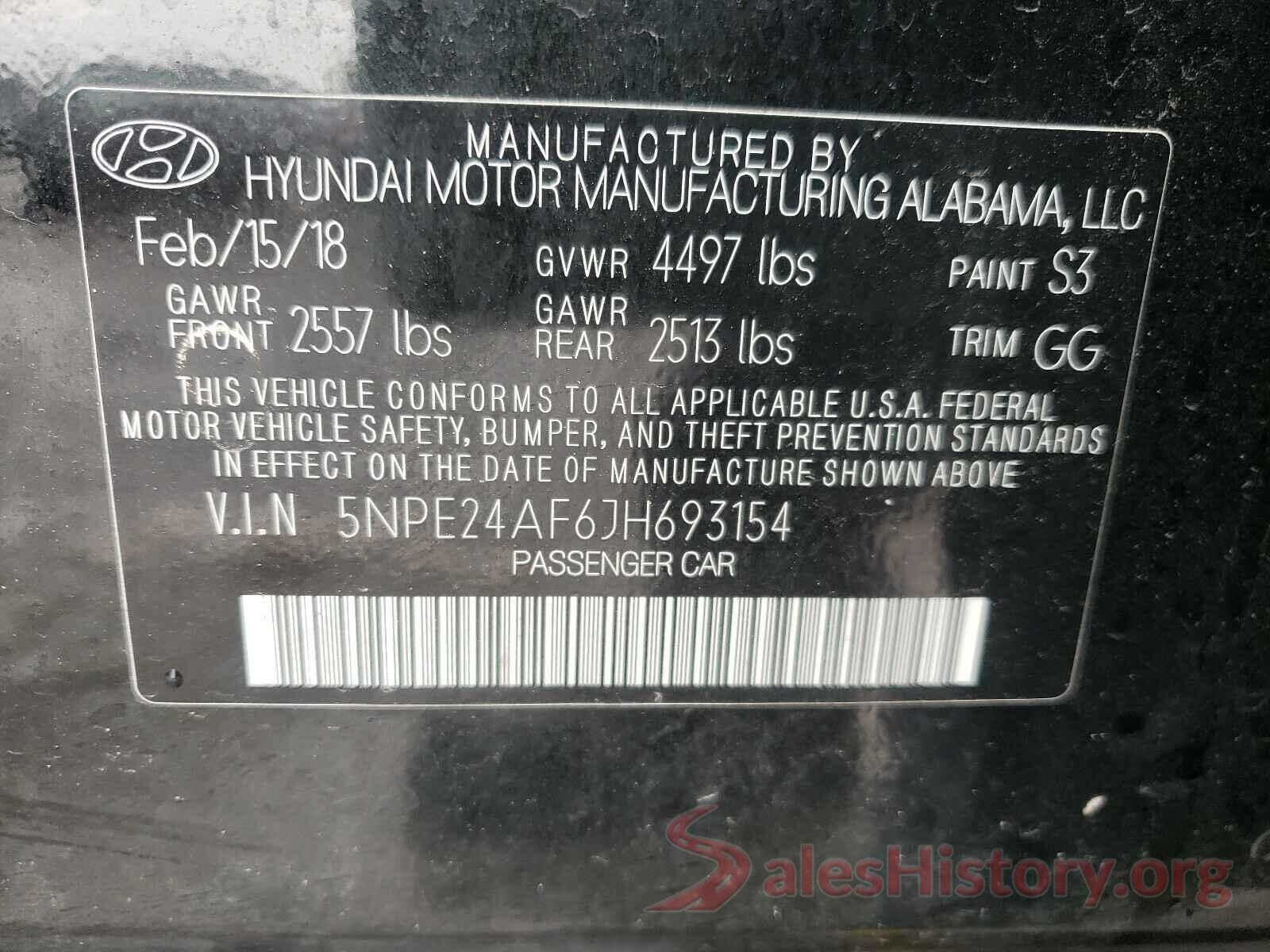 5NPE24AF6JH693154 2018 HYUNDAI SONATA