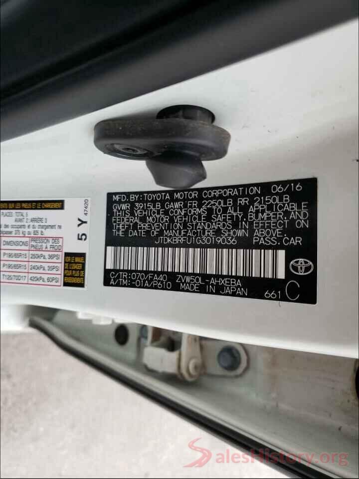 JTDKBRFU1G3019036 2016 TOYOTA PRIUS