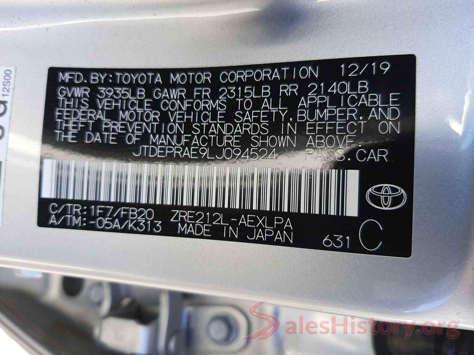 JTDEPRAE9LJ094524 2020 TOYOTA COROLLA