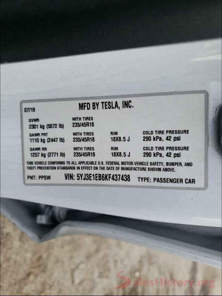 5YJ3E1EB6KF437438 2019 TESLA MODEL 3