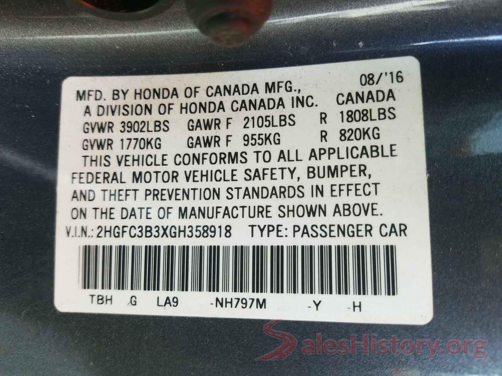 2HGFC3B3XGH358918 2016 HONDA CIVIC