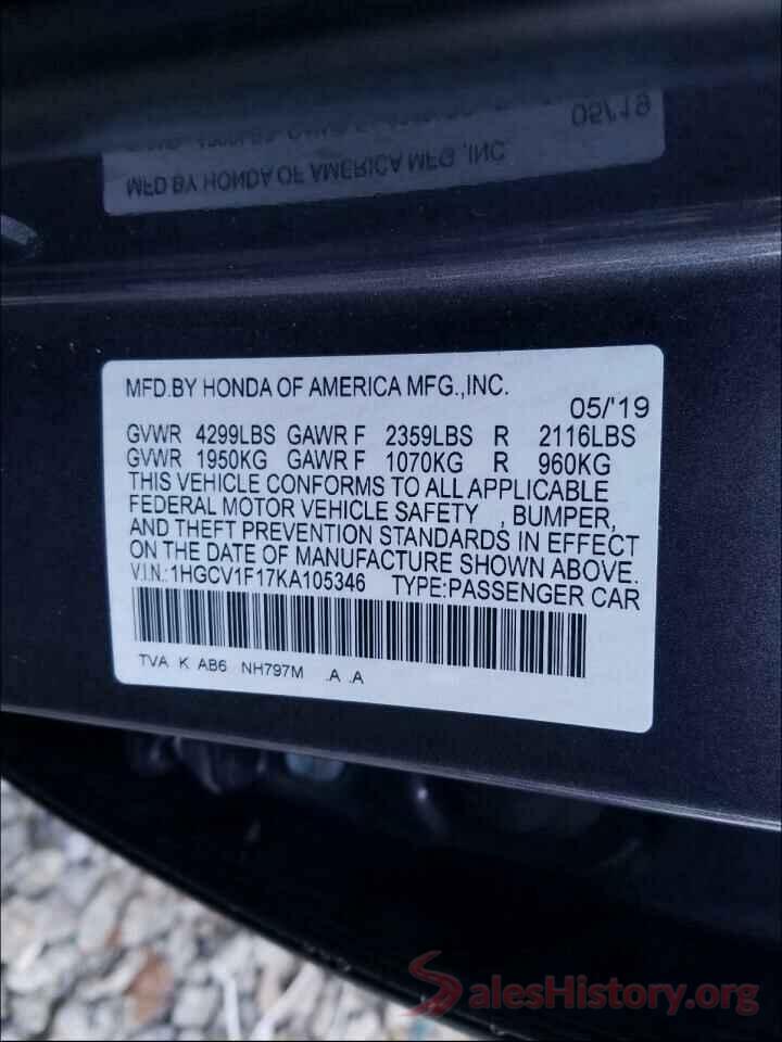 1HGCV1F17KA105346 2019 HONDA ACCORD