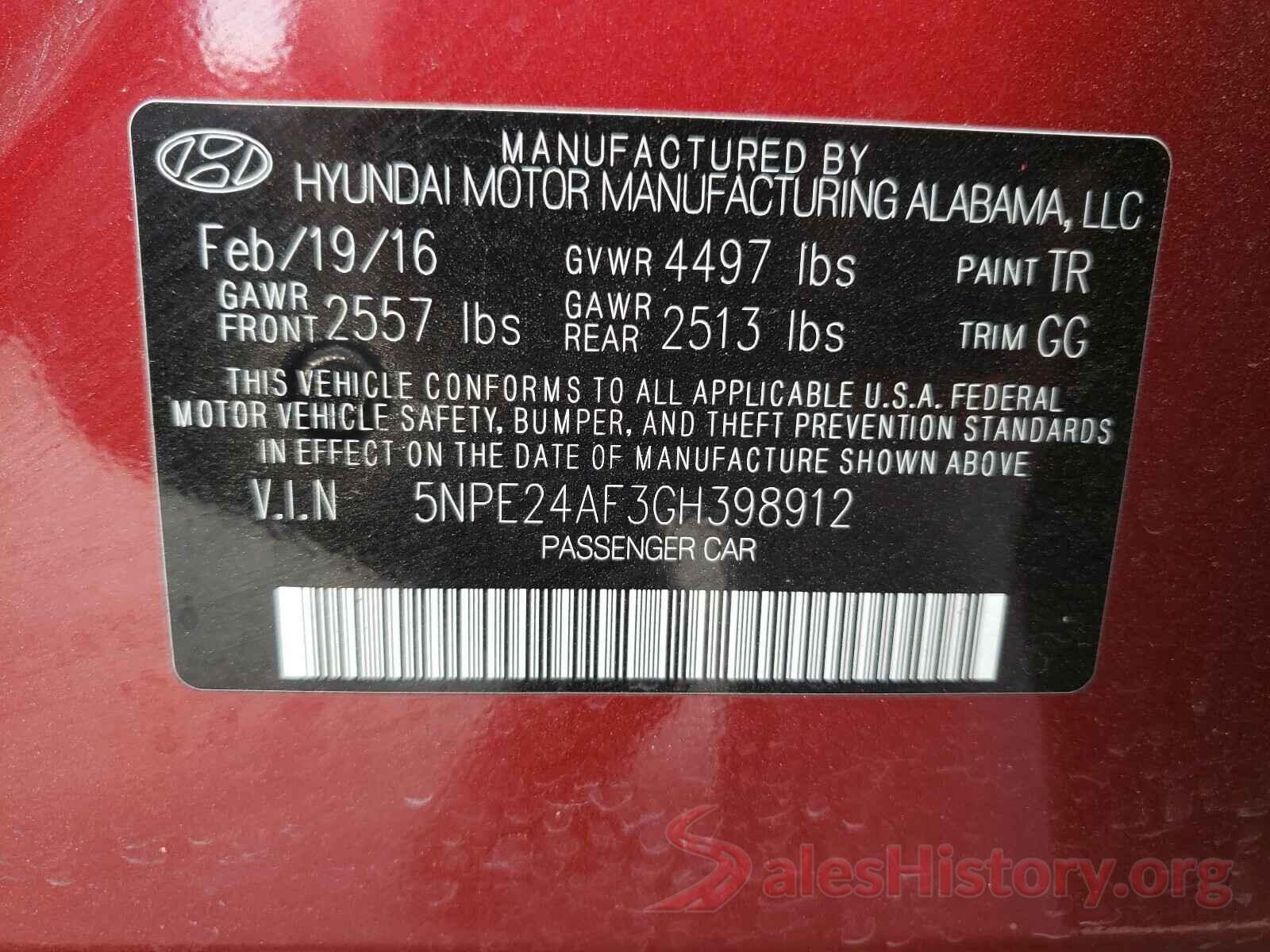 5NPE24AF3GH398912 2016 HYUNDAI SONATA