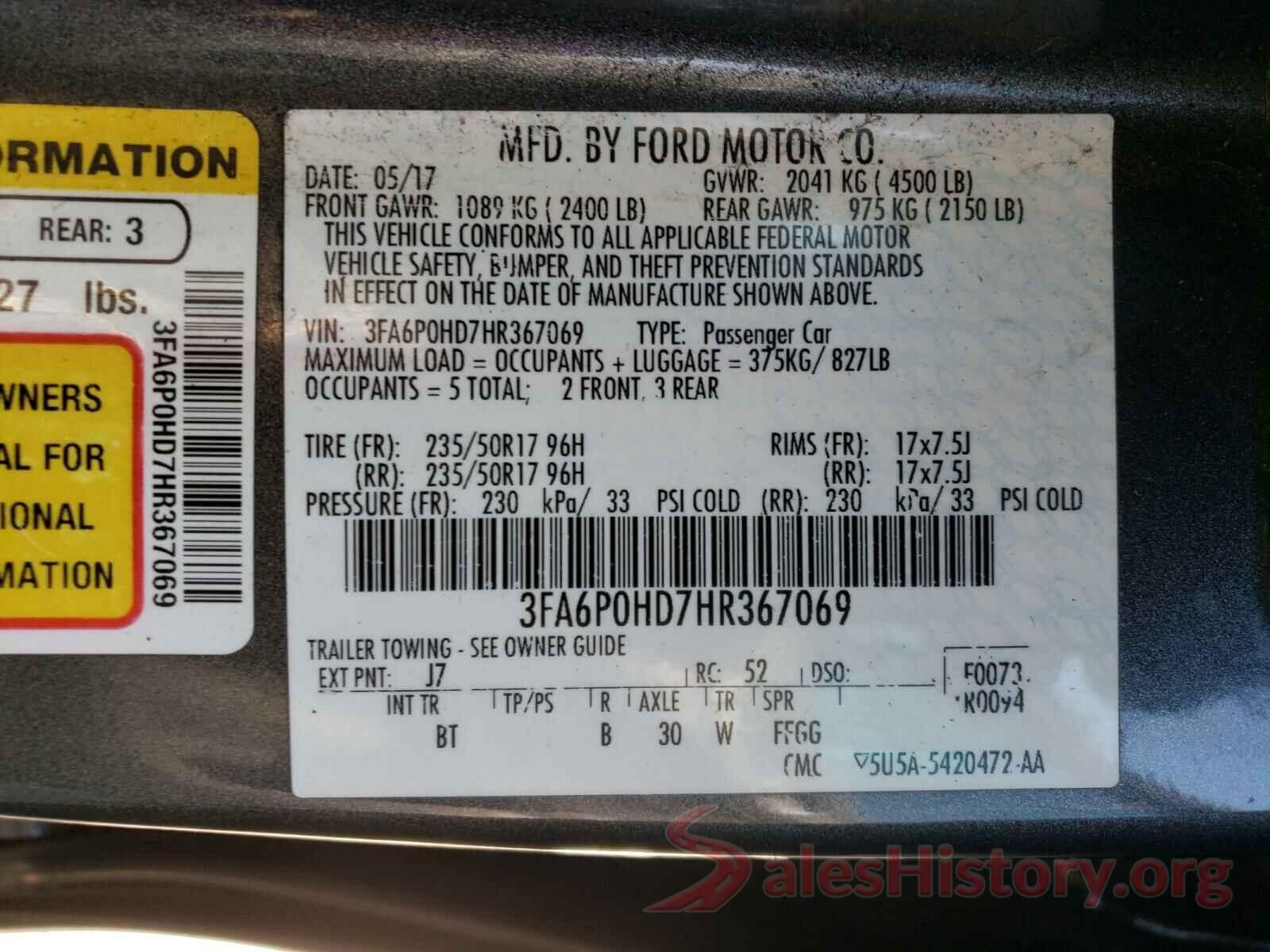 3FA6P0HD7HR367069 2017 FORD FUSION