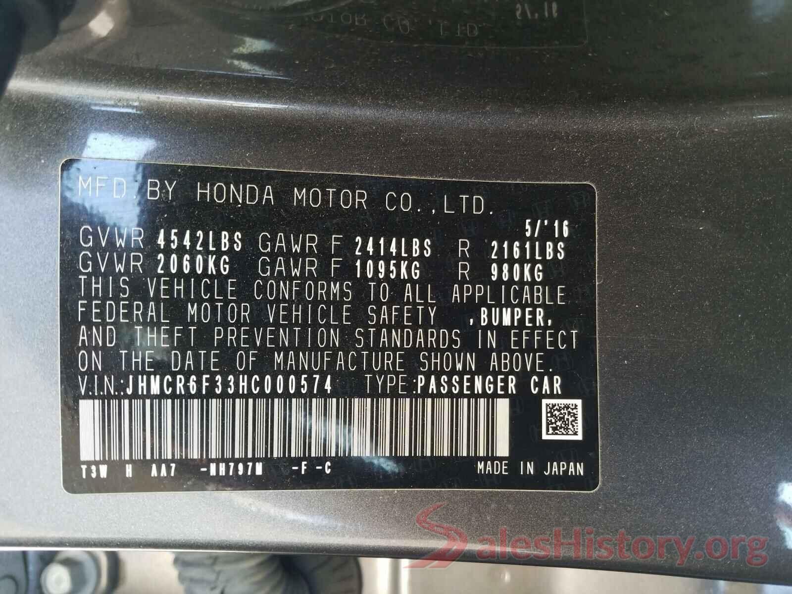 JHMCR6F33HC000574 2017 HONDA ACCORD