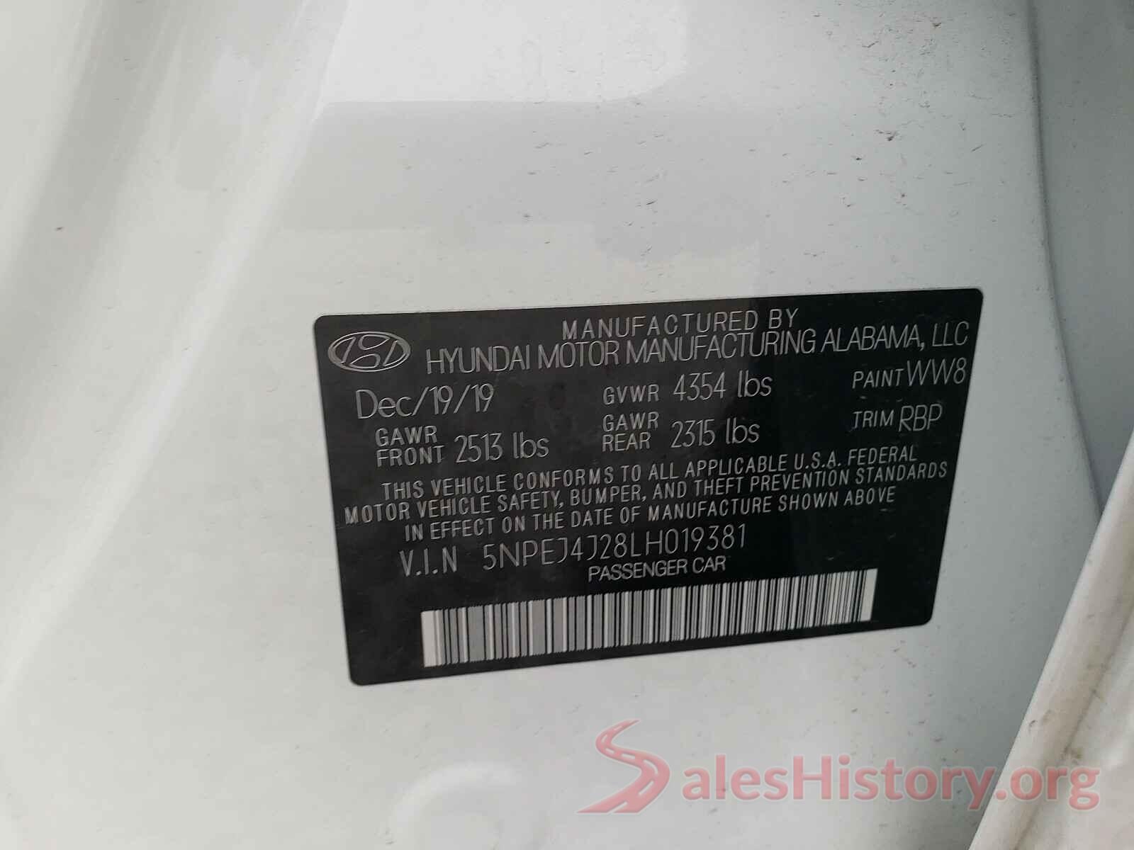 5NPEJ4J28LH019381 2020 HYUNDAI SONATA