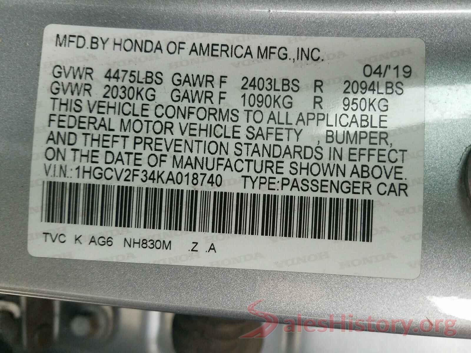 1HGCV2F34KA018740 2019 HONDA ACCORD