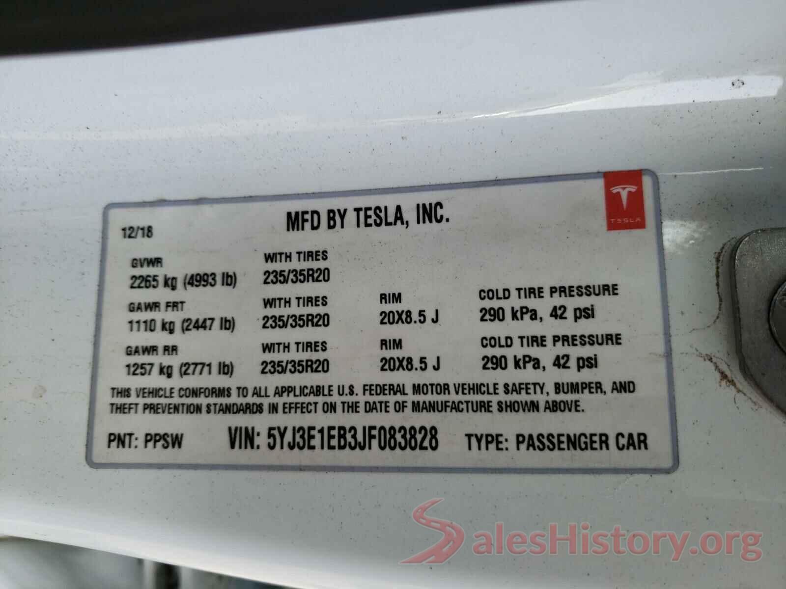 5YJ3E1EB3JF083828 2018 TESLA MODEL 3