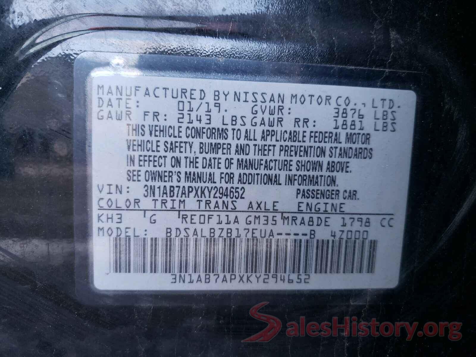 3N1AB7APXKY294652 2019 NISSAN SENTRA