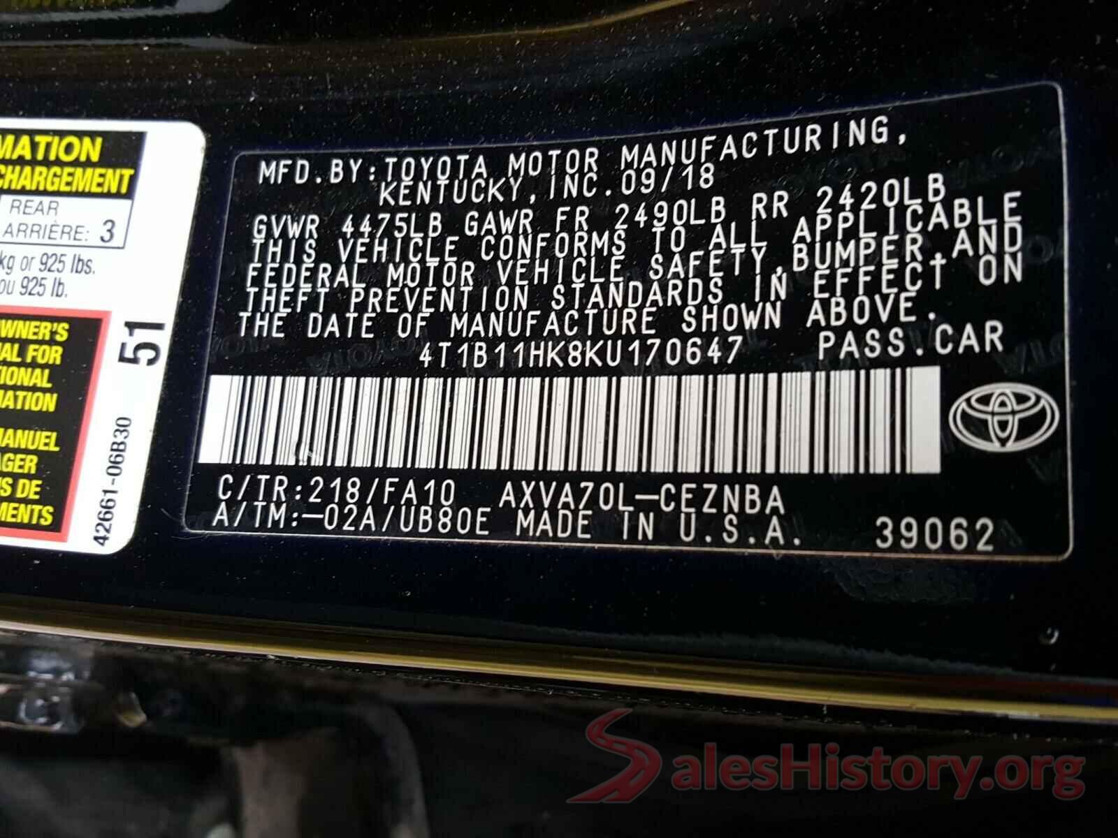 4T1B11HK8KU170647 2019 TOYOTA CAMRY