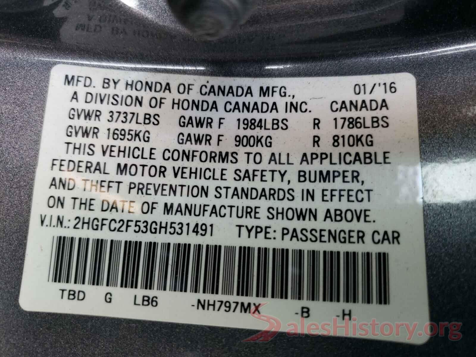 2HGFC2F53GH531491 2016 HONDA CIVIC