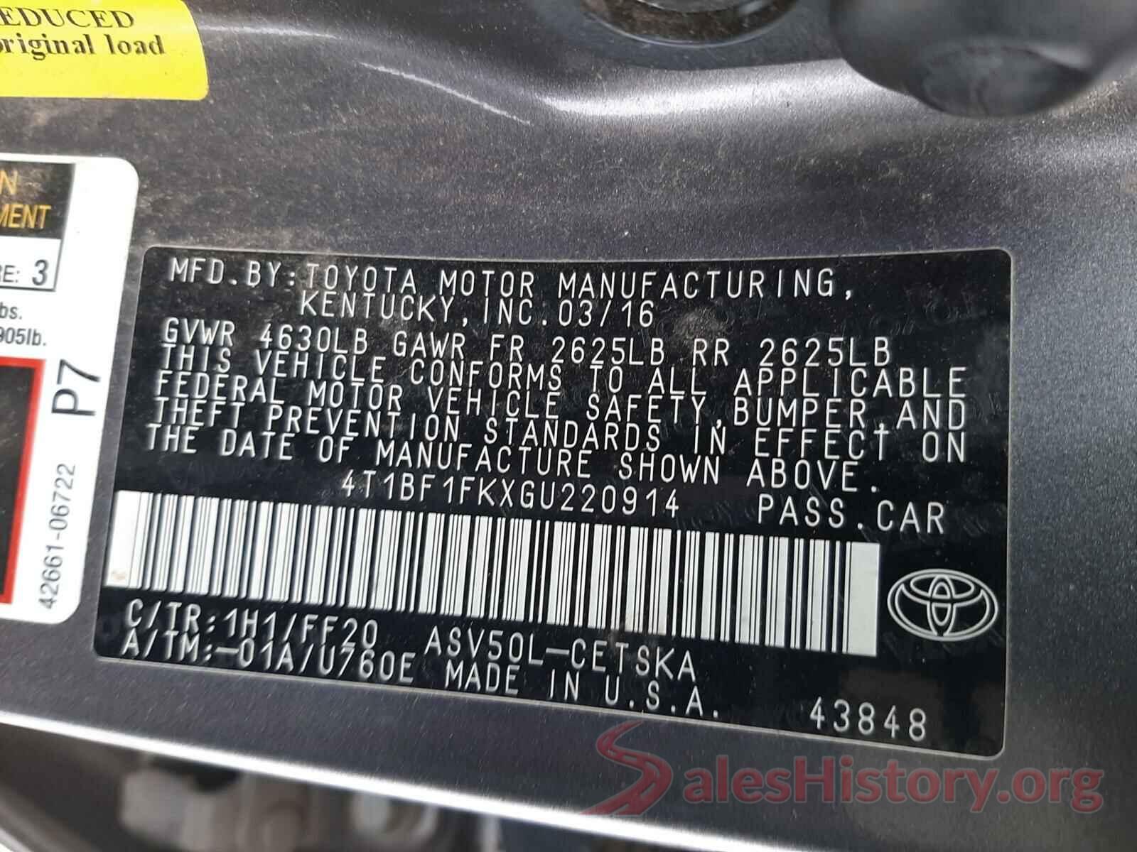 4T1BF1FKXGU220914 2016 TOYOTA CAMRY