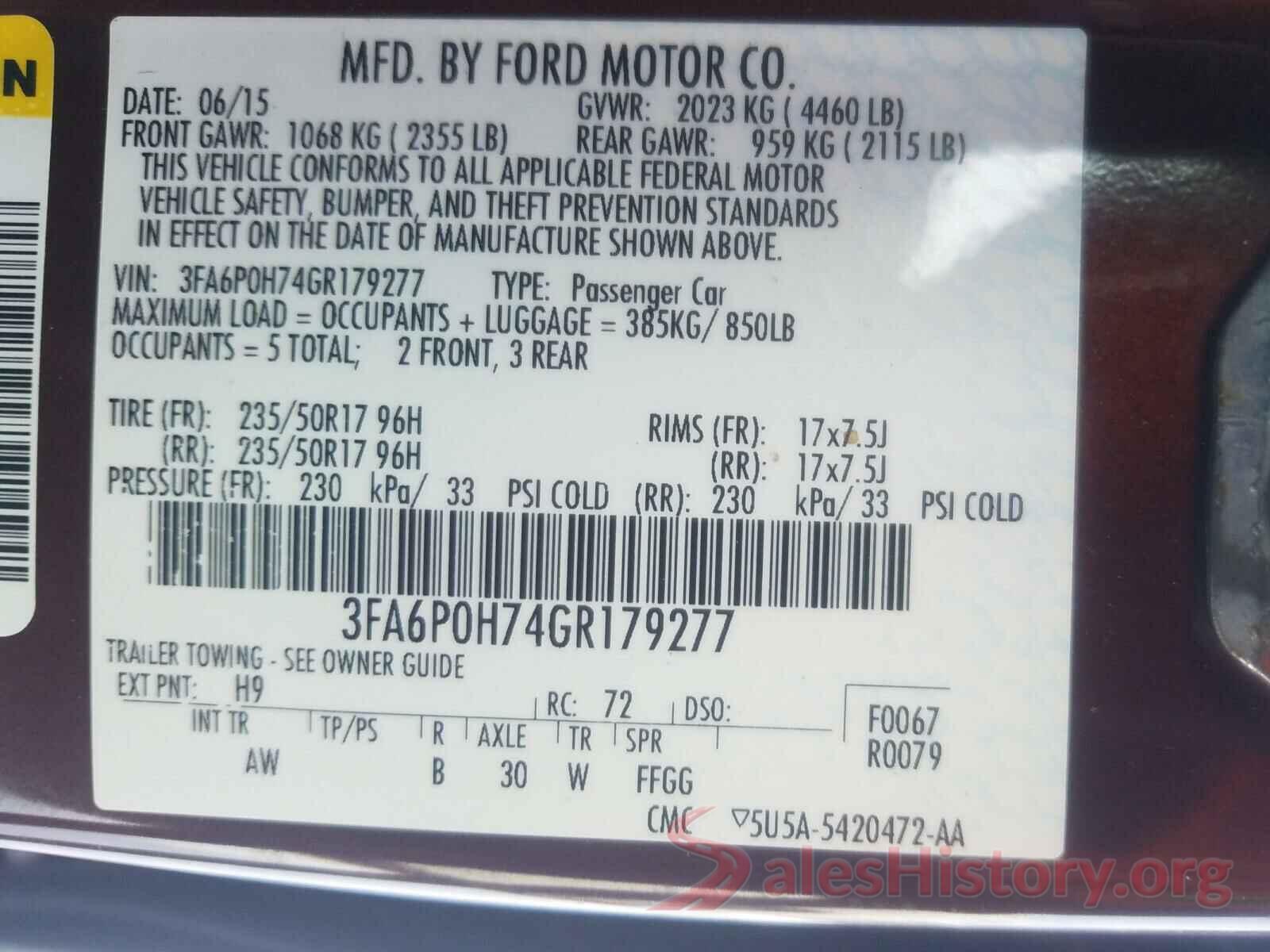 3FA6P0H74GR179277 2016 FORD FUSION