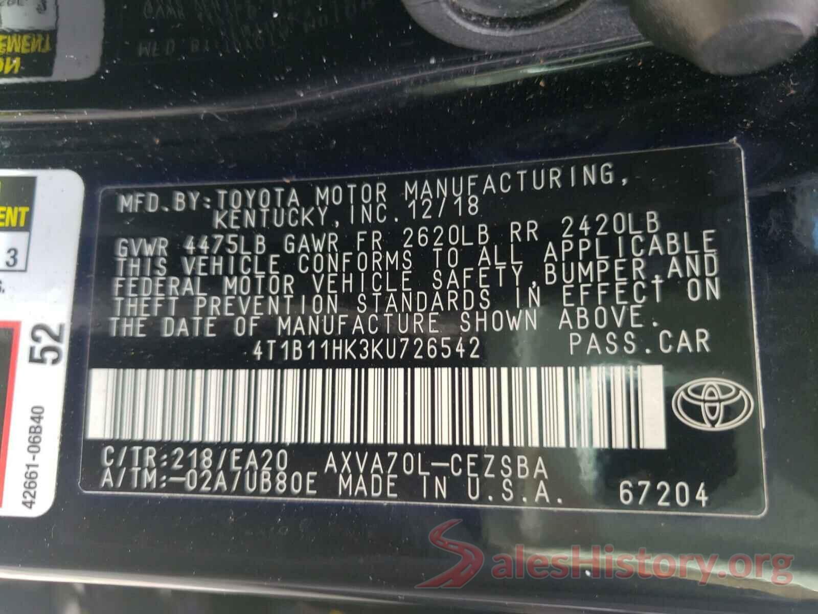 4T1B11HK3KU726542 2019 TOYOTA CAMRY