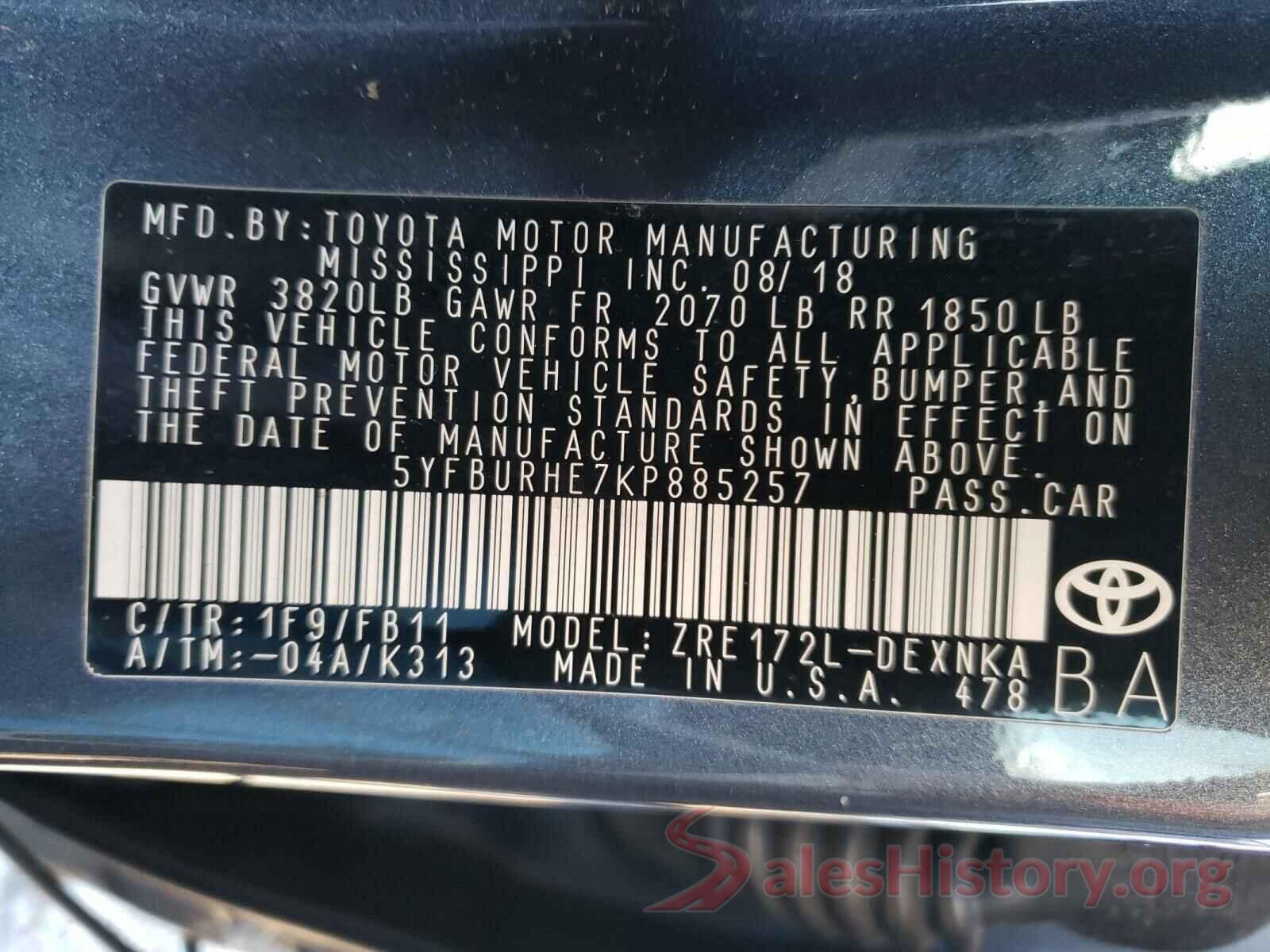 5YFBURHE7KP885257 2019 TOYOTA COROLLA