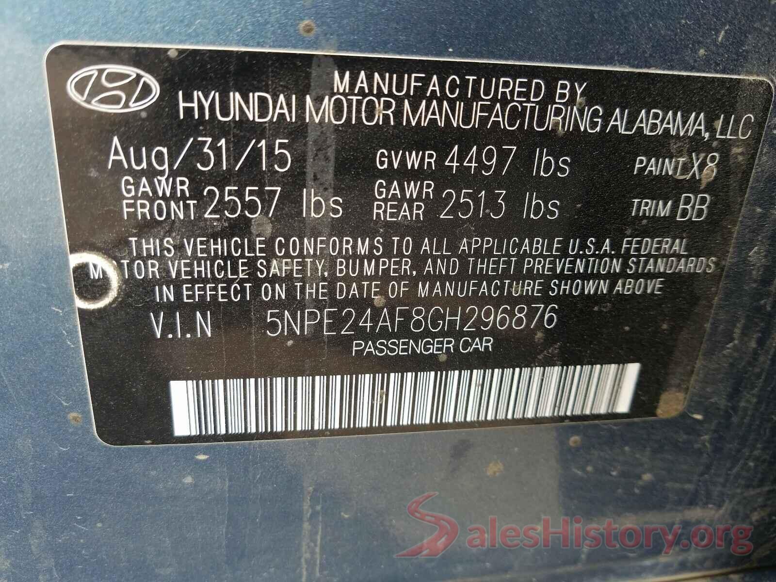 5NPE24AF8GH296876 2016 HYUNDAI SONATA