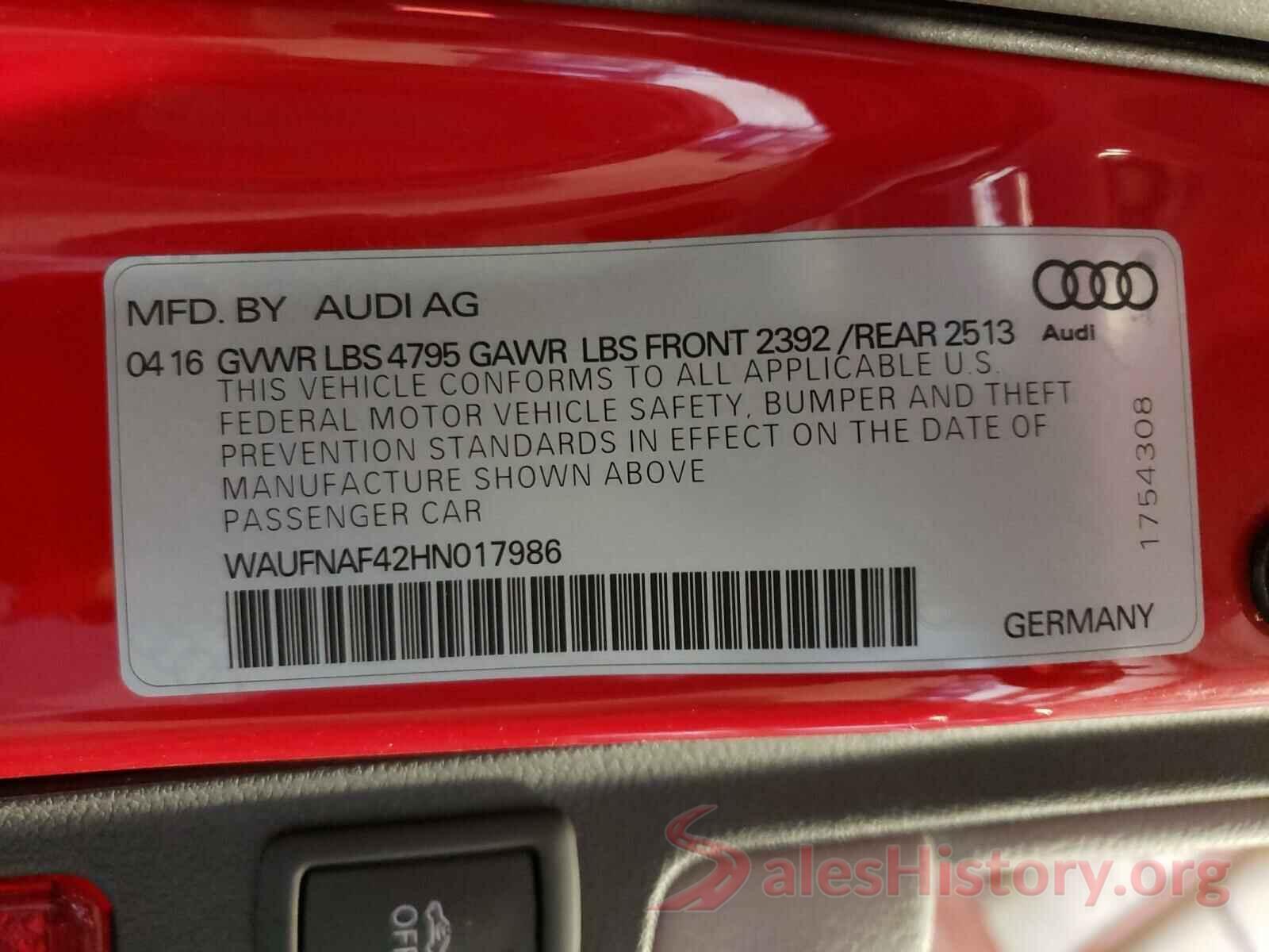 WAUFNAF42HN017986 2017 AUDI A4