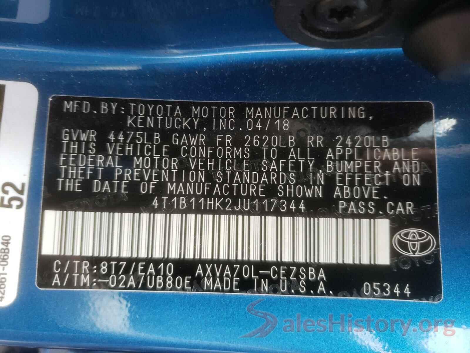 4T1B11HK2JU117344 2018 TOYOTA CAMRY