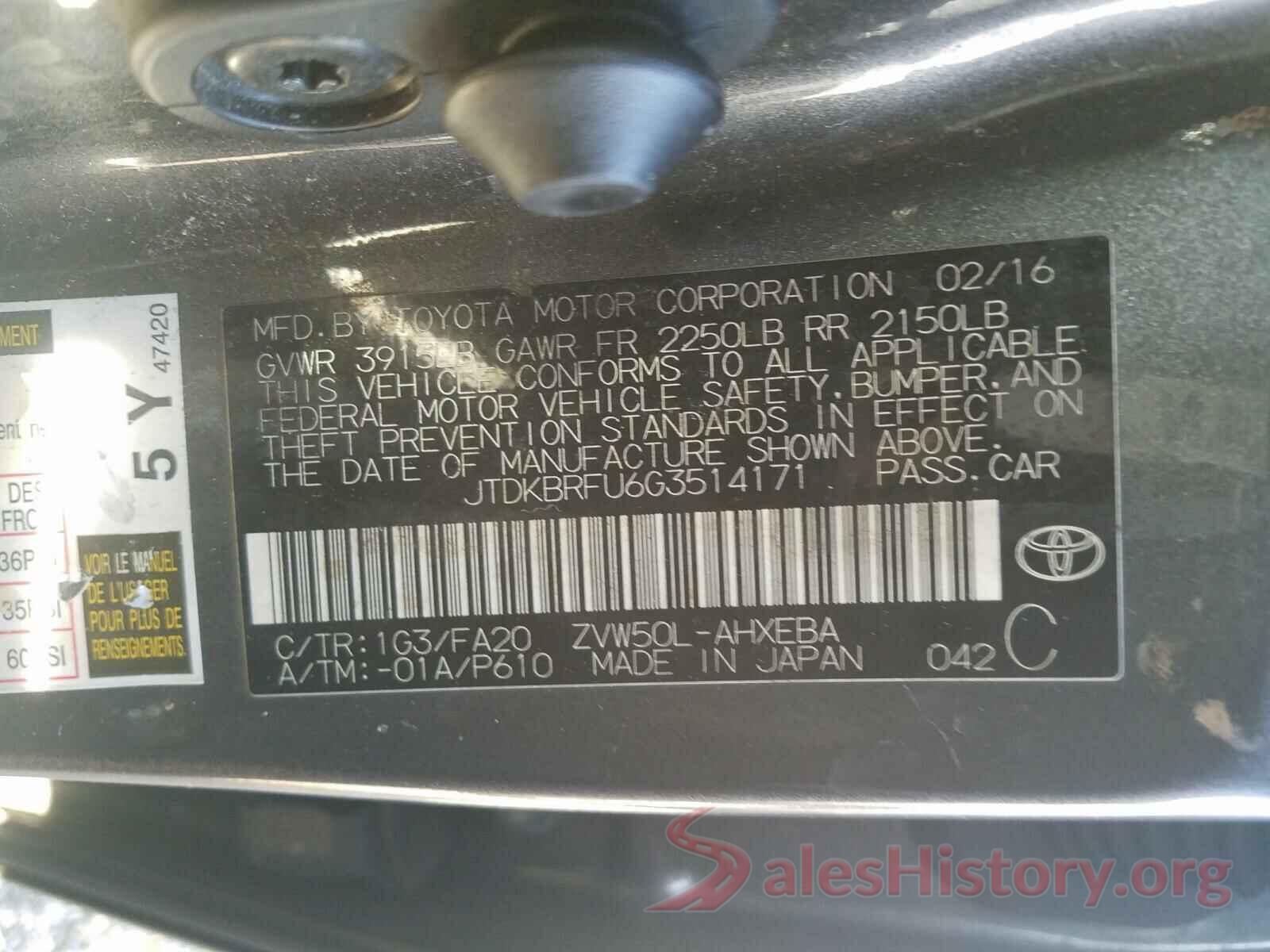 JTDKBRFU6G3514171 2016 TOYOTA PRIUS