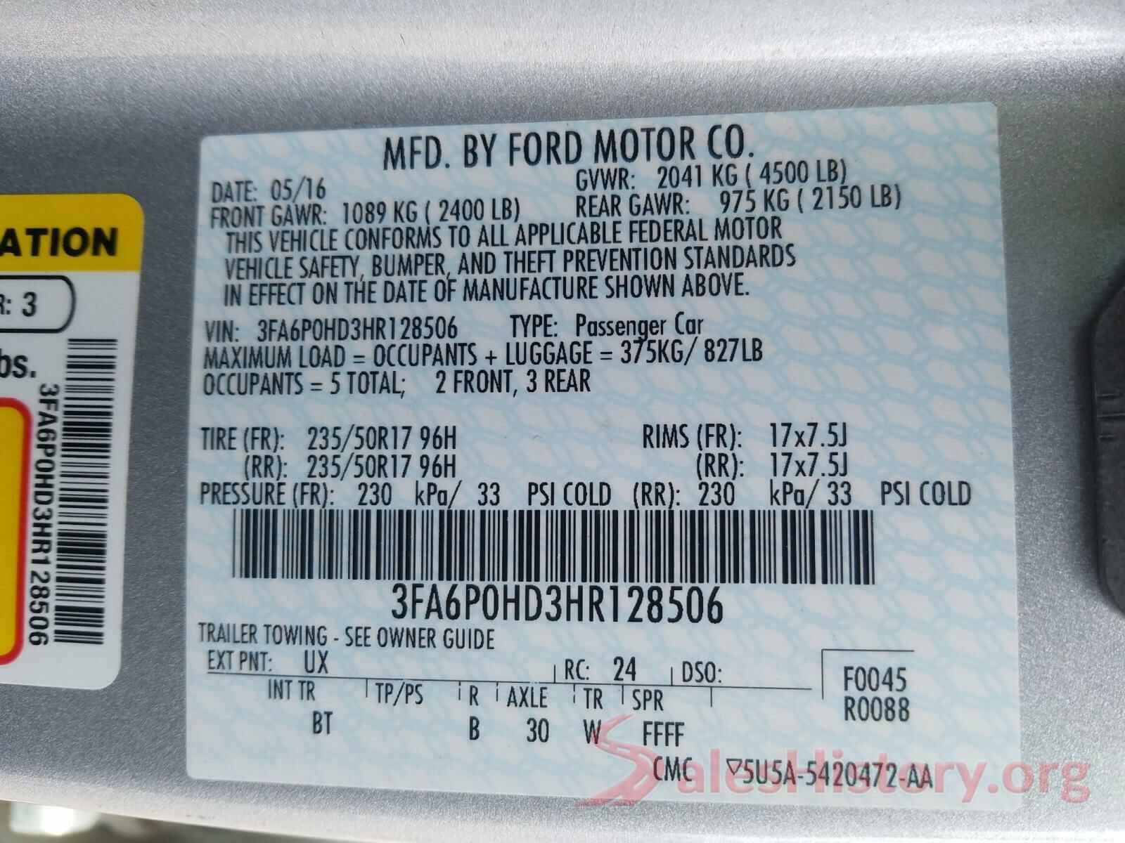 3FA6P0HD3HR128506 2017 FORD FUSION