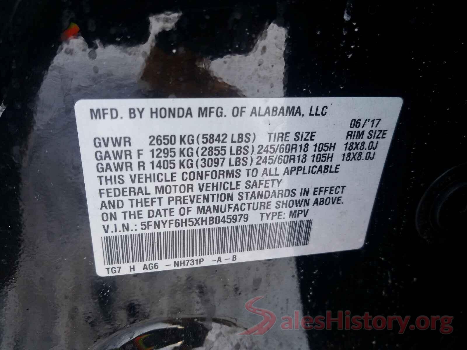 5FNYF6H5XHB045979 2017 HONDA PILOT