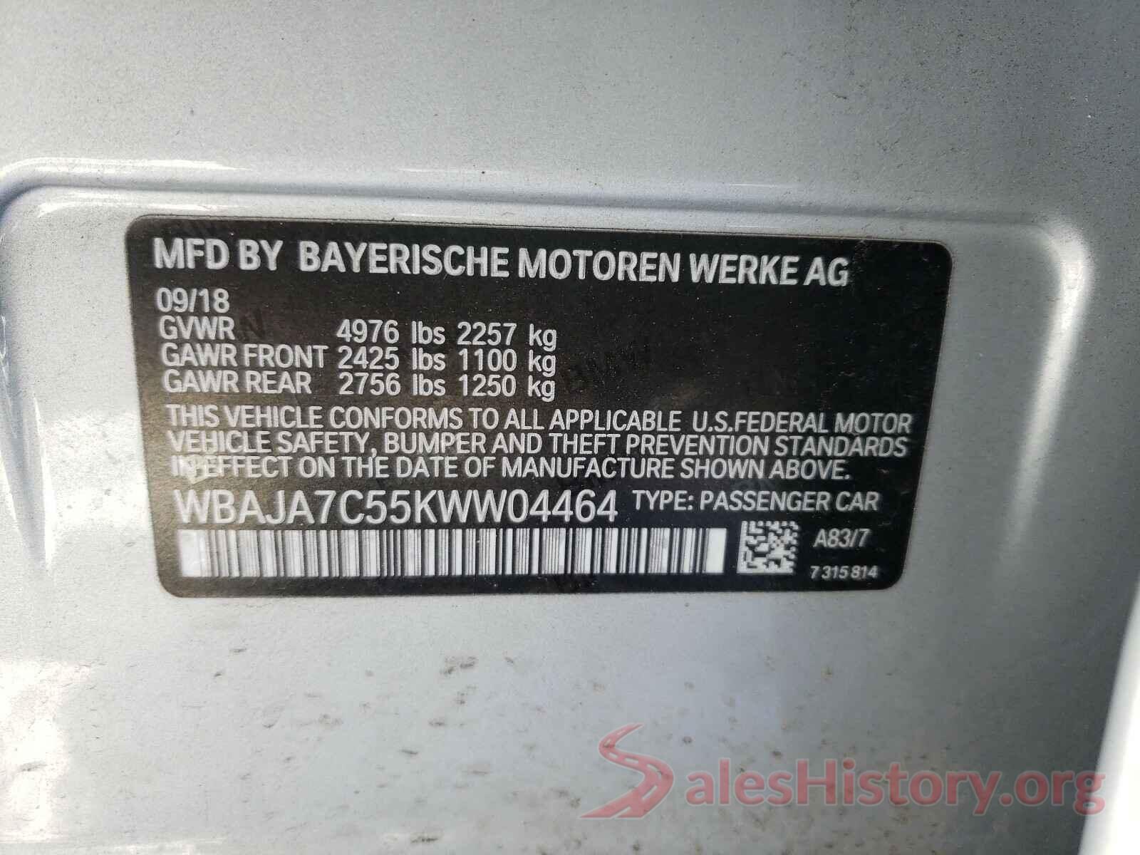 WBAJA7C55KWW04464 2019 BMW 5 SERIES