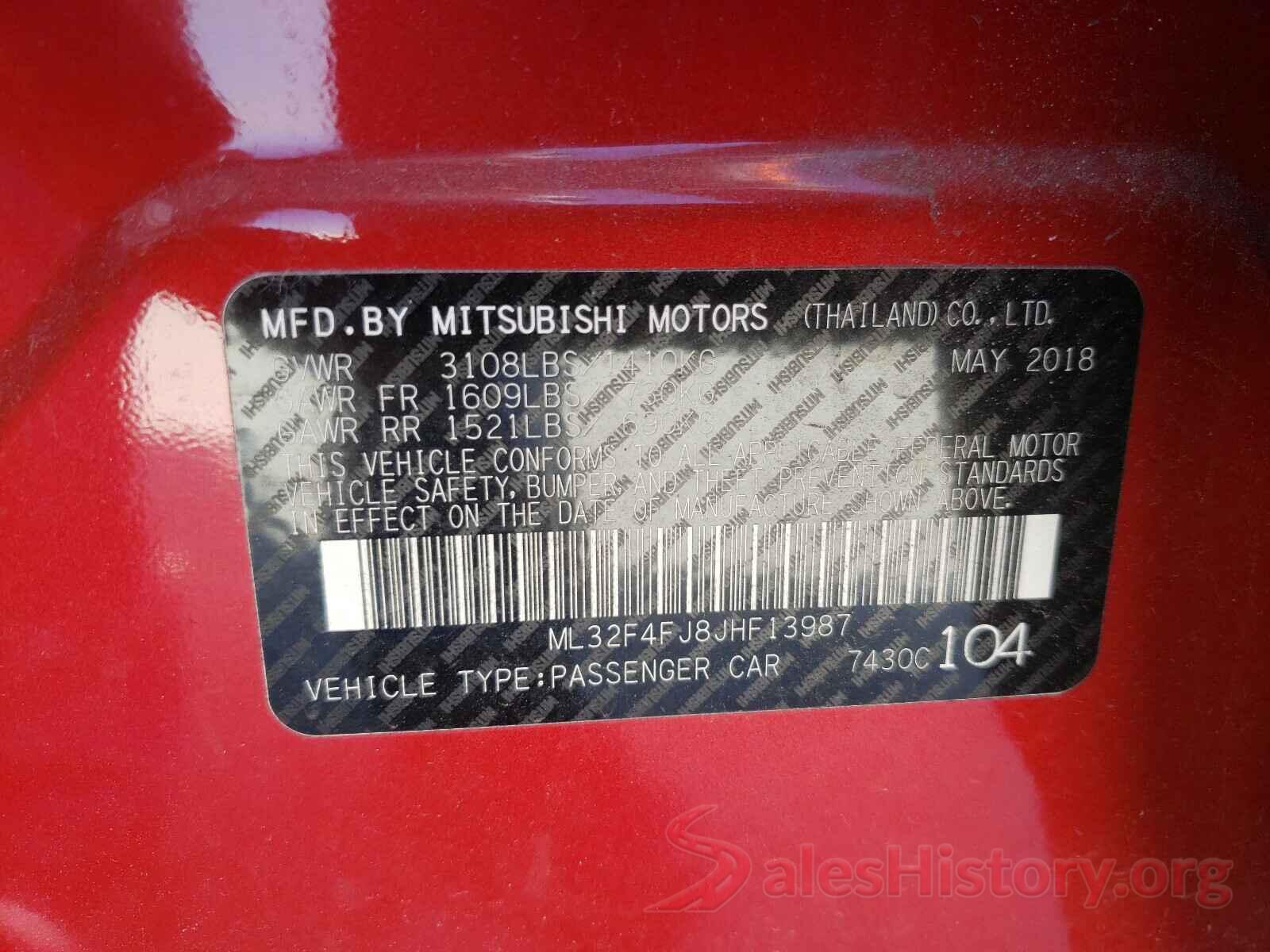 ML32F4FJ8JHF13987 2018 MITSUBISHI MIRAGE