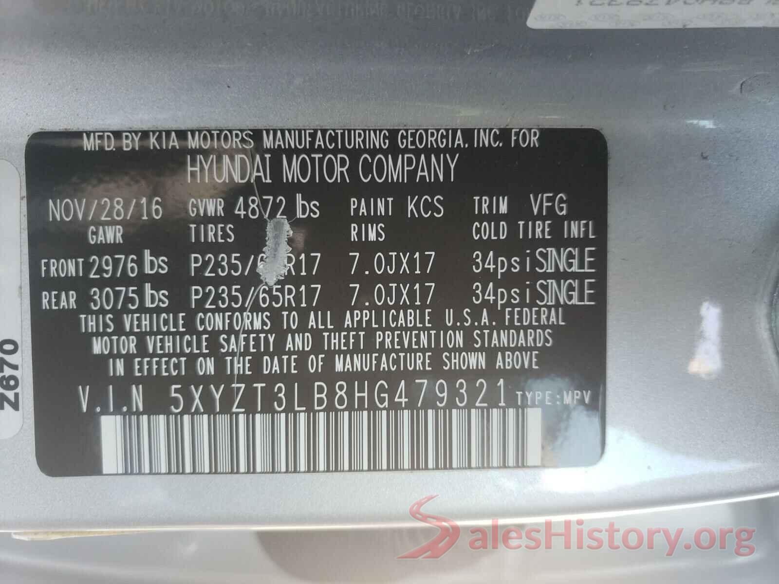 5XYZT3LB8HG479321 2017 HYUNDAI SANTA FE