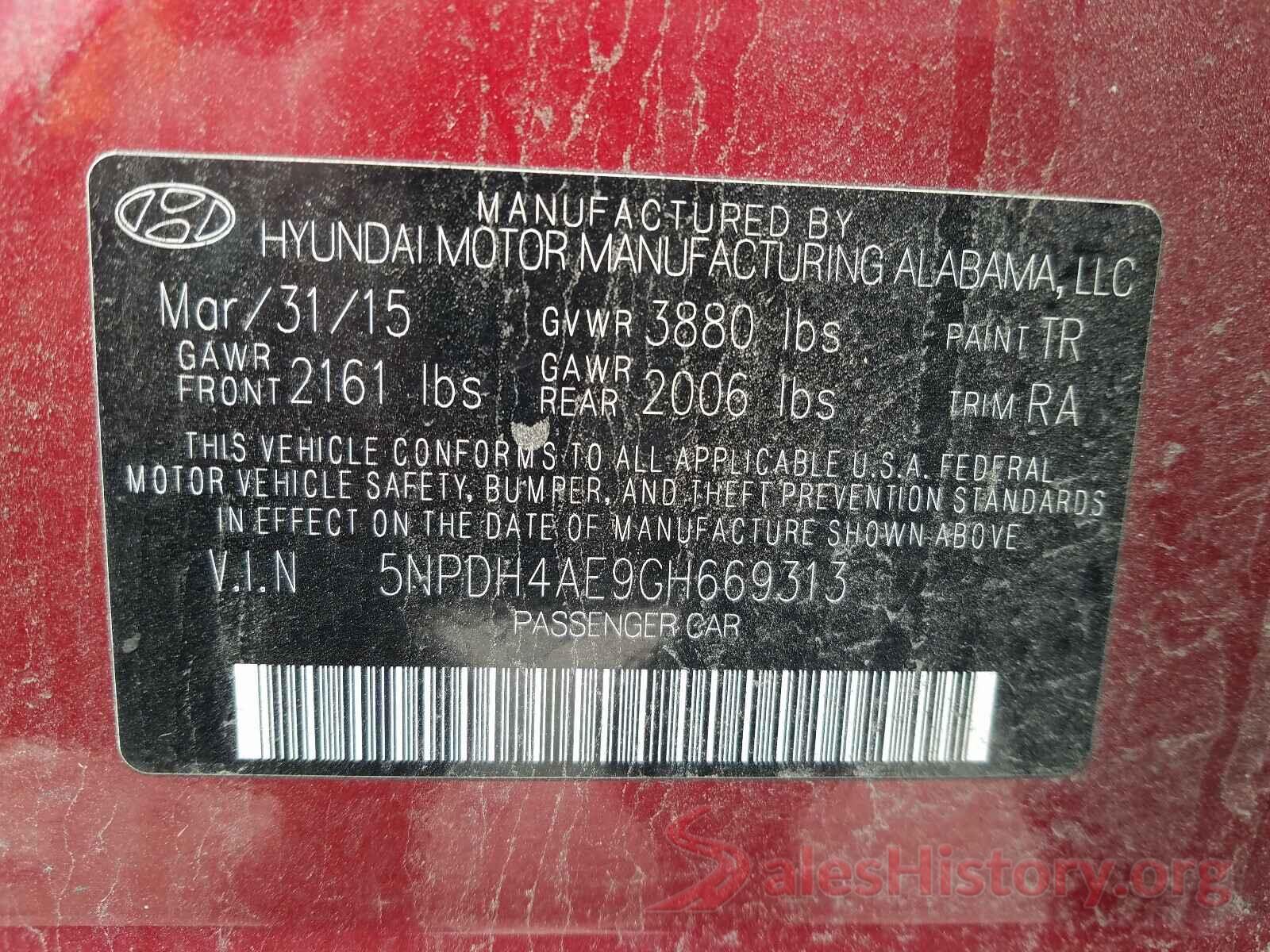 5NPDH4AE9GH669313 2016 HYUNDAI ELANTRA