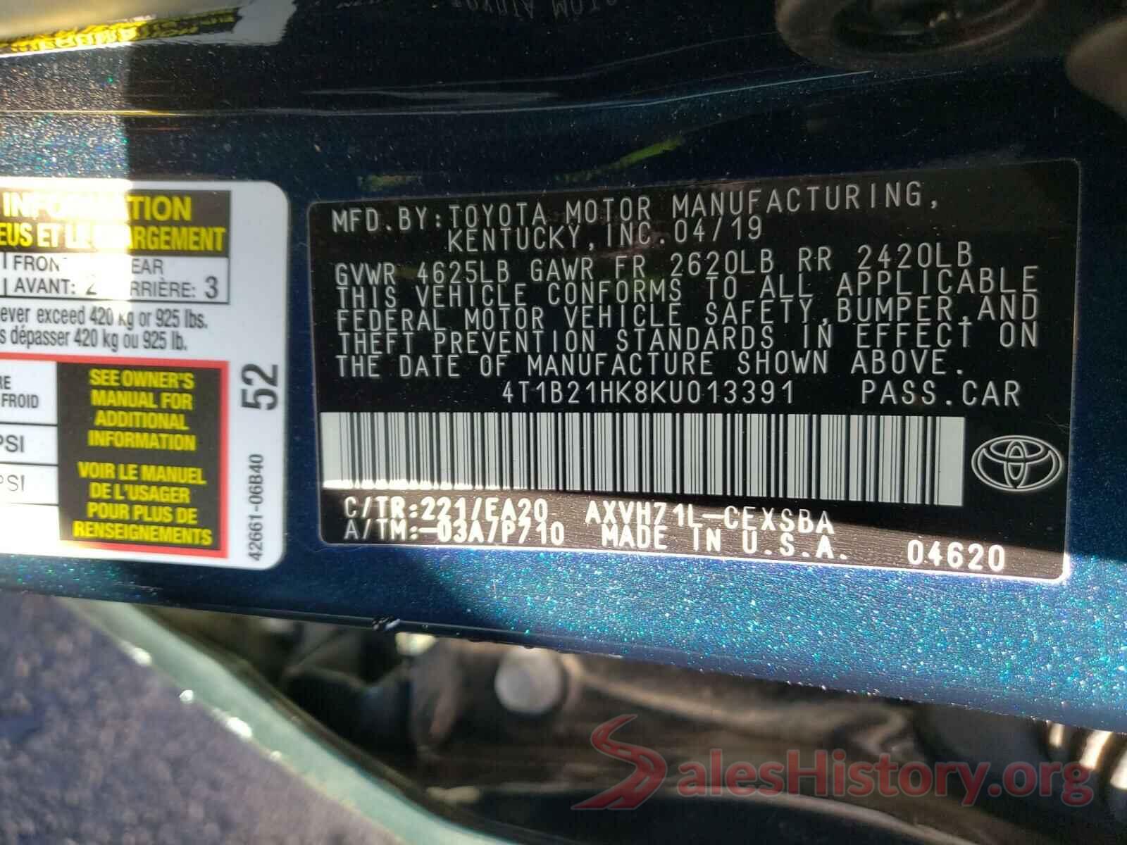 4T1B21HK8KU013391 2019 TOYOTA CAMRY