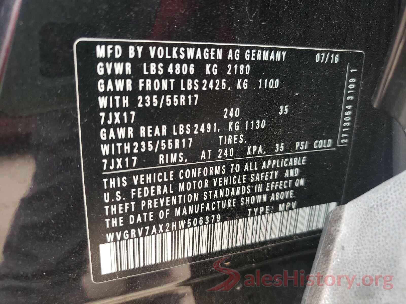 WVGRV7AX2HW506379 2017 VOLKSWAGEN TIGUAN