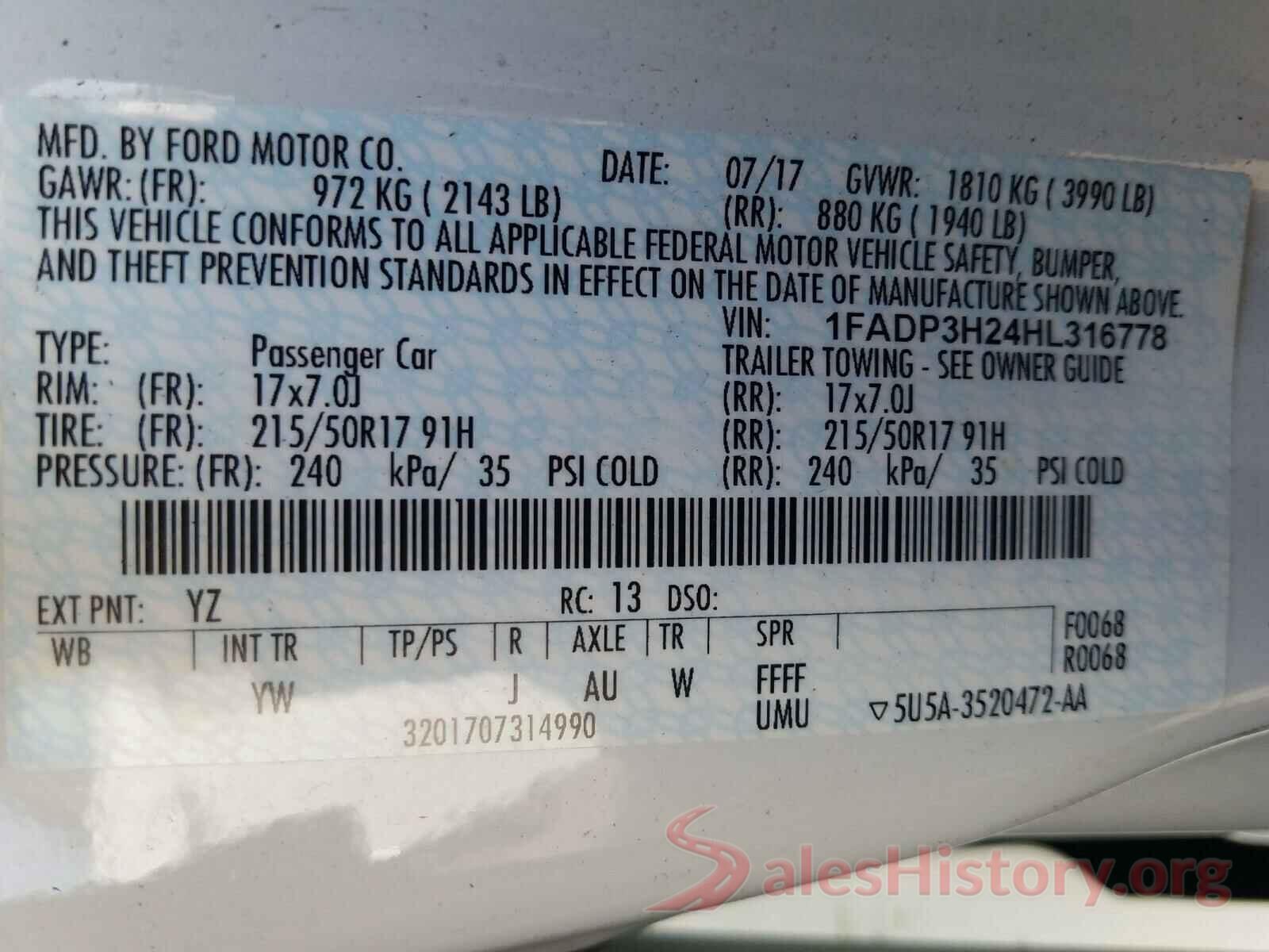 1FADP3H24HL316778 2017 FORD FOCUS