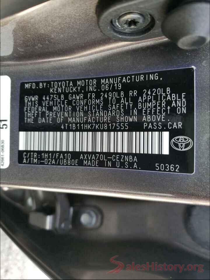 4T1B11HK7KU817555 2019 TOYOTA CAMRY