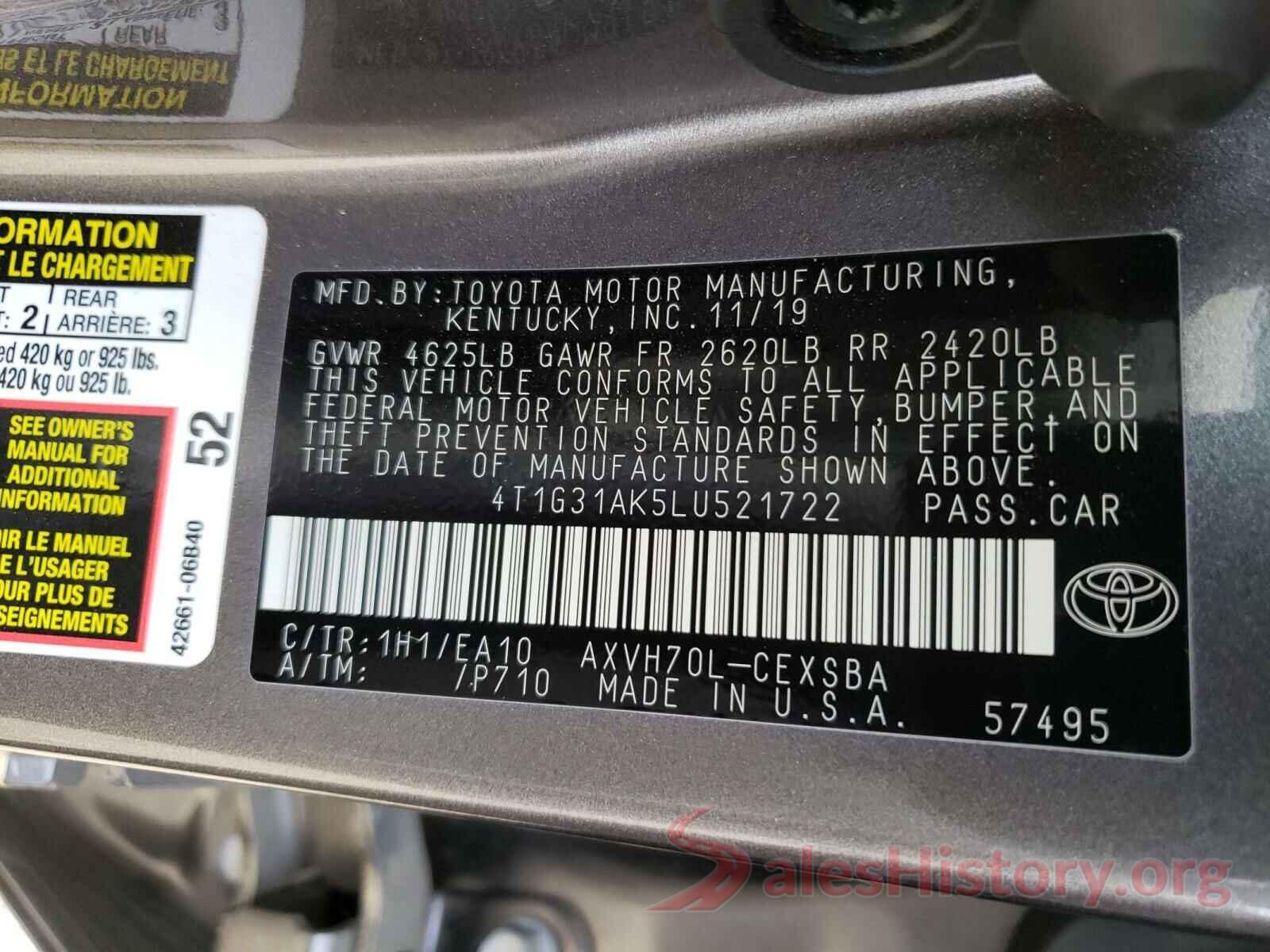 4T1G31AK5LU521722 2020 TOYOTA CAMRY