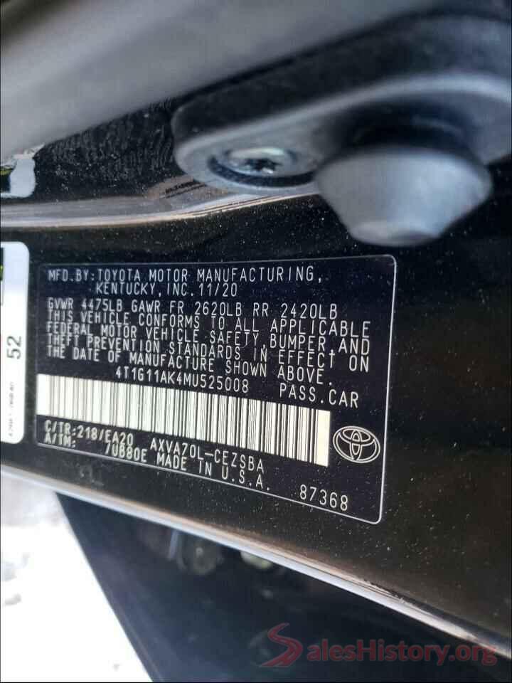 4T1G11AK4MU525008 2021 TOYOTA CAMRY