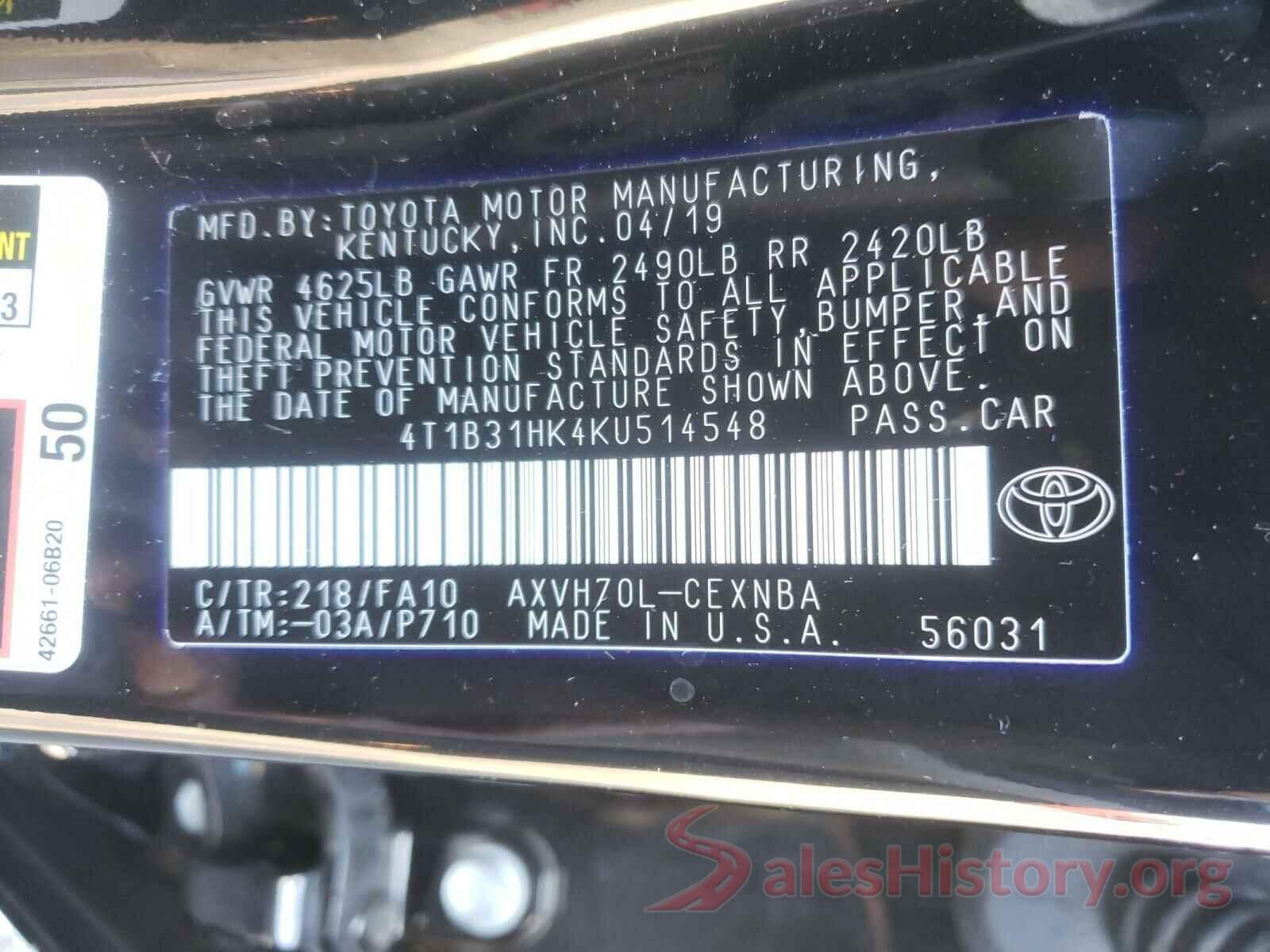 4T1B31HK4KU514548 2019 TOYOTA CAMRY