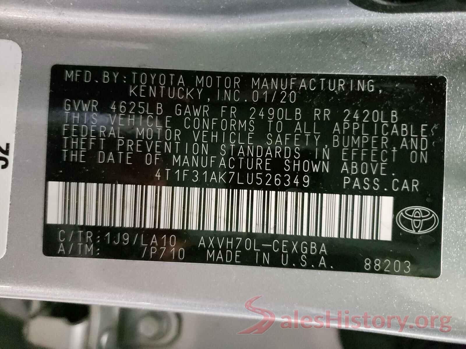 4T1F31AK7LU526349 2020 TOYOTA CAMRY