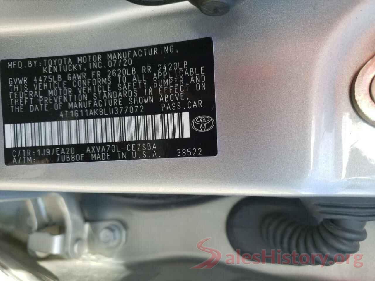 4T1G11AK8LU377072 2020 TOYOTA CAMRY