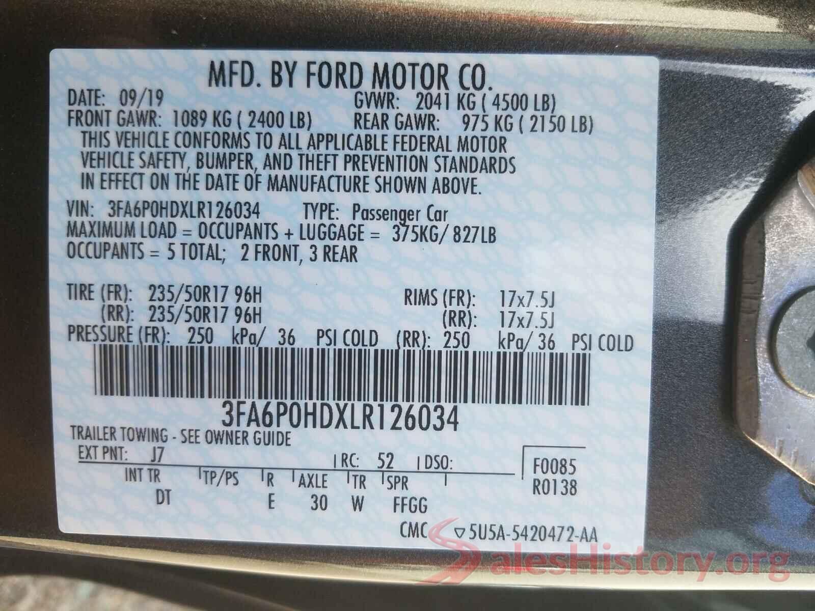 3FA6P0HDXLR126034 2020 FORD FUSION